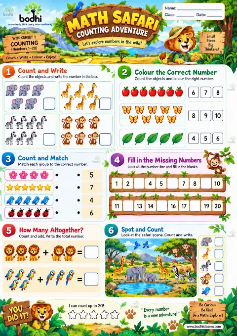 Bodhi Maths Adventure — Group 1: 10 Colourful Maths Worksheets for Ages 5–7 book cover