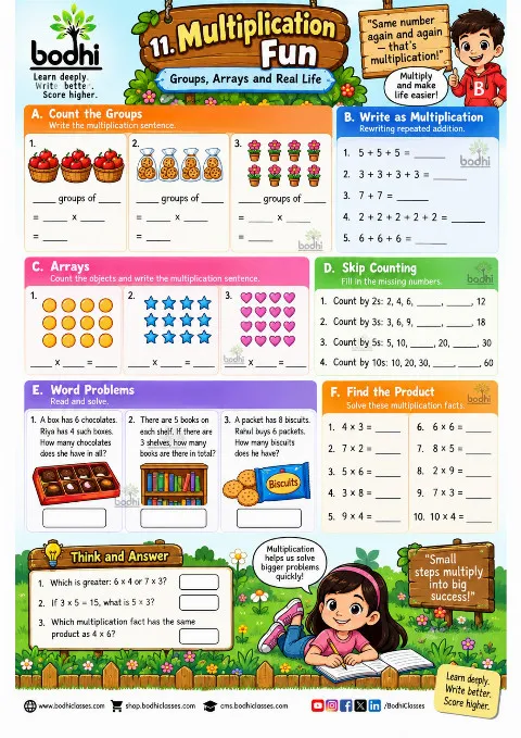 Bodhi Maths Adventure – Group 3 | Visual Mathematics Worksheets for Kids: Multiplication, Division, Fractions, Place Value, Data & Reasoning book cover