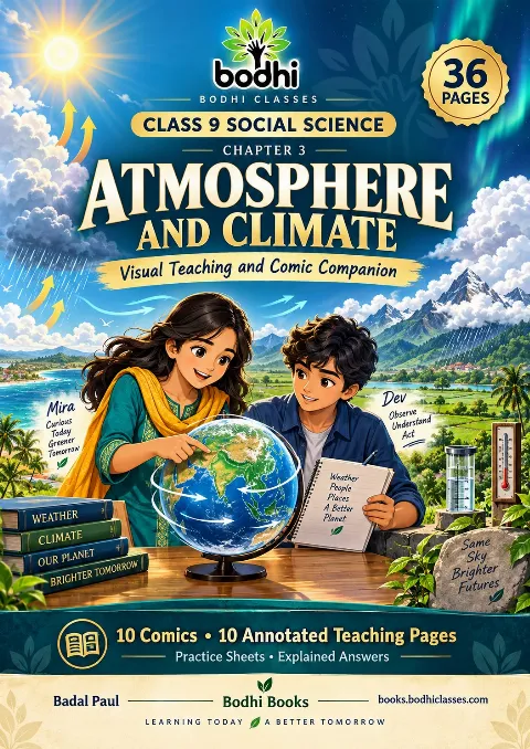 Bodhi Classes Atmosphere and Climate cover featuring Mira and Dev examining a globe, with sunshine, rain clouds, mountains, green monsoon fields, weather instruments and a 36-page badge.