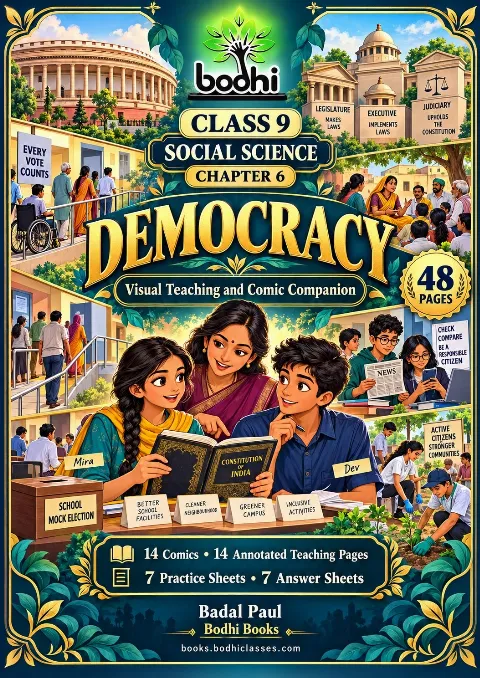 Bodhi Democracy cover showing Mira, Dev and their teacher exploring a Constitution book and school ballot model, surrounded by adult voters, an inclusive village meeting, civic institutions, media checking and community action.