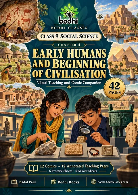 Bodhi Classes Early Humans and Beginning of Civilisation cover showing Mira and Dev examining archaeological objects, surrounded by rock art, farming settlements, Harappan water systems, a ziggurat, Egyptian pyramids and an ancient Chinese