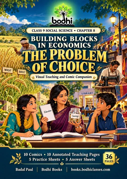 Bodhi economics cover showing students and a teacher considering education and savings, surrounded by farming, a sewing machine, a library and a market.