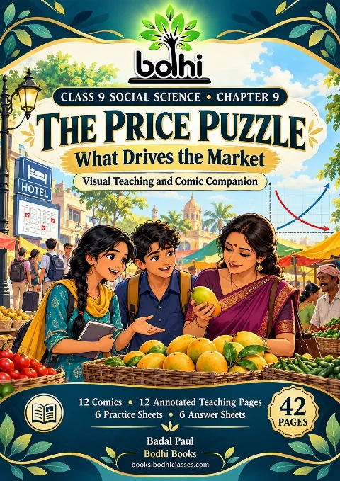Illustrated Bodhi cover showing students and their teacher examining mangoes in a colourful market, with sellers, a hotel and a streetlight.