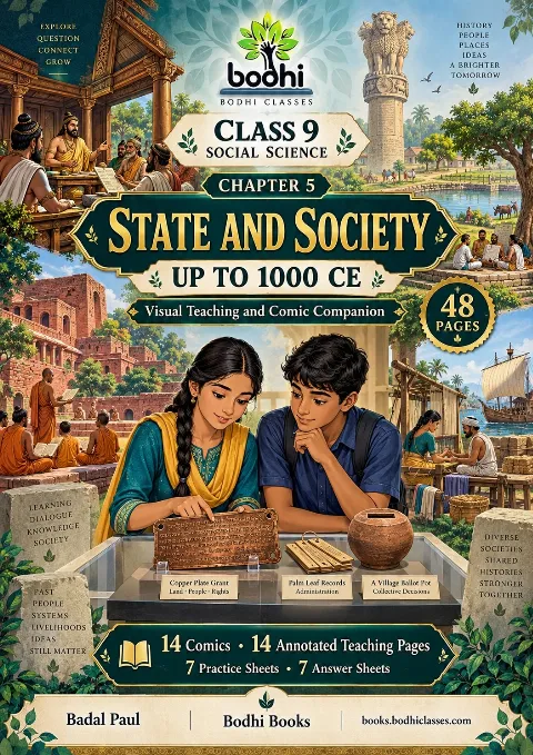 Bodhi State and Society up to 1000 CE cover showing Mira and Dev examining a copper-plate grant, palm-leaf records and a village selection pot, surrounded by council, learning, farming, weaving and maritime trade scenes.