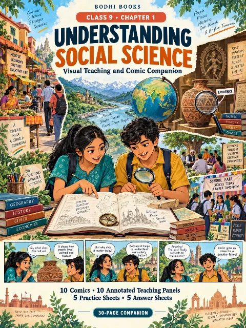 Illustrated cover of Understanding Social Science for Class 9, showing two students exploring a notebook, surrounded by an Indian market, mountains, a globe, historical pottery and community scenes.