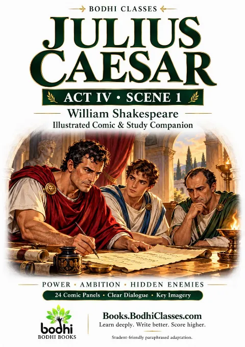 Illustrated cover of Julius Caesar, Act IV, Scene 1, showing Antony marking a death list while Octavius and Lepidus watch in a Roman interior. The white, emerald-green and gold design features Bodhi branding and Books.BodhiClasses.com.