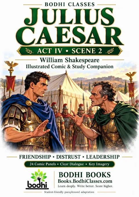 Illustrated cover showing Brutus in a blue cloak and Cassius in a green cloak confronting each other outside a military tent near Sardis. Roman soldiers and standards frame the tense meeting. The white, emerald-green and gold design feature