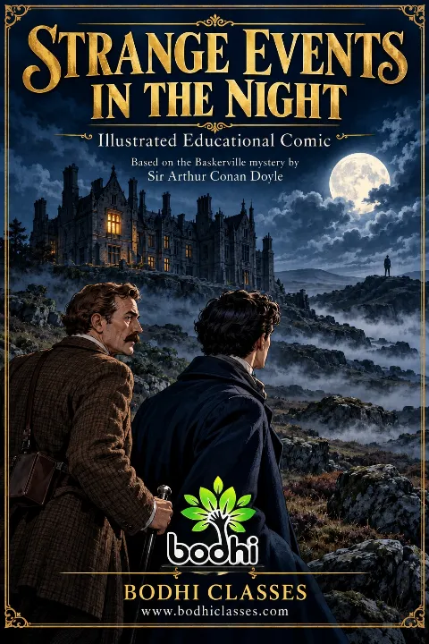 Cover of Strange Events in the Night, a Bodhi Classes educational comic, showing Watson and Sir Henry on a misty moor beneath moonlit Baskerville Hall, with a glowing window and a mysterious distant figure.