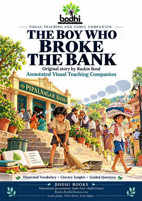 The Boy Who Broke the Bank annotated teaching companion showing Nathu, Sitaram and illustrated vocabulary notes.