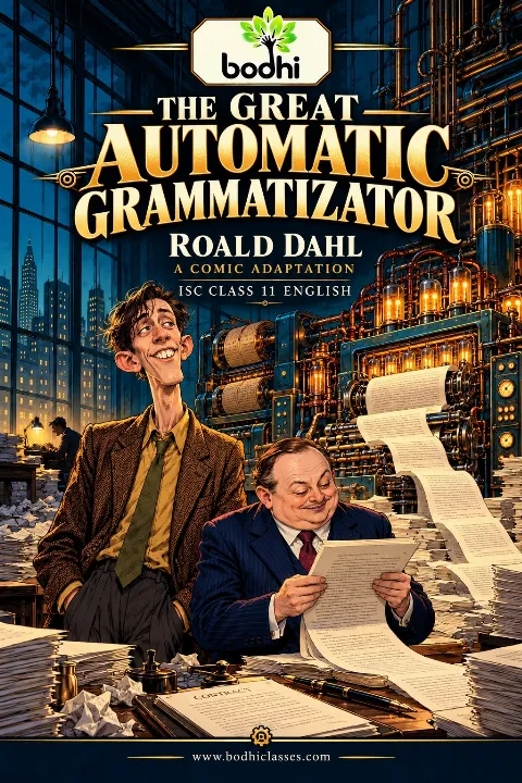 Illustrated cover of The Great Automatic Grammatizator comic, showing Adolph Knipe, Mr Bohlen and a large story-writing machine surrounded by manuscripts.