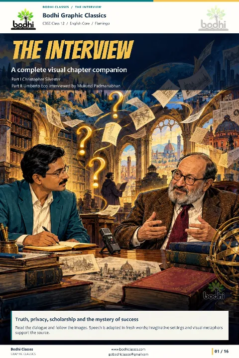 Illustrated Umberto Eco and Mukund Padmanabhan sit across a desk in a vivid library, surrounded by books, glowing question marks and medieval architectural imagery, with the Bodhi logo and chapter title.