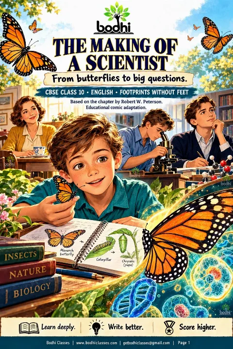 Cover of The Making of a Scientist comic by Bodhi Classes, showing young Richard Ebright, monarch butterflies, a microscope and molecular models.