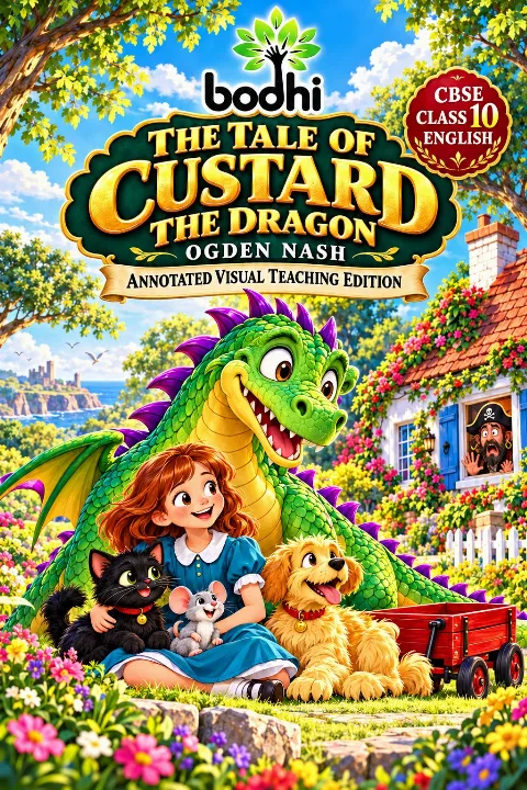 A bright, illustrated literature-teaching cover featuring Custard, a gentle green dragon, with Belinda and her pets—Ink the black kitten, Blink the grey mouse and Mustard the yellow dog—near their little white house. The design introduces t