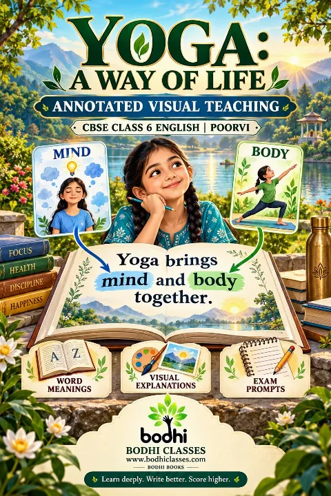 Illustrated cover of Yoga: A Way of Life, a CBSE Class 6 Poorvi annotated teaching guide, featuring highlighted passage text, vocabulary callouts, yoga illustrations and Bodhi Classes branding.