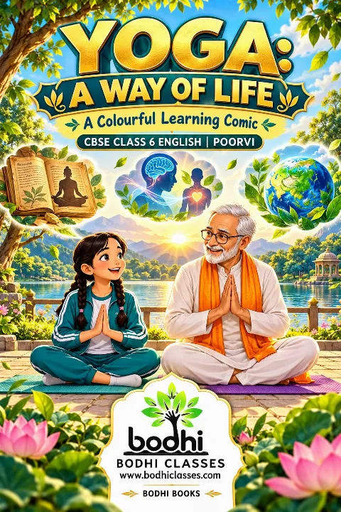 Colourful cover of Yoga: A Way of Life, a CBSE Class 6 English Poorvi comic, showing a young girl and her grandfather practising yoga beside a sunlit lake, with illustrations of an ancient manuscript, mind–body connection and globe, plus Bo
